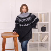 Isländischer Mohair-Pullover, nordischer Fair Isle Strick, Oversize Schwarz Grau Pullover T2184
