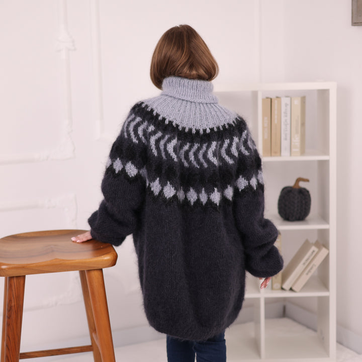 Icelandic Mohair Sweater, Nordic Fair Isle Knit, Oversized Black Gray Pullover T2184