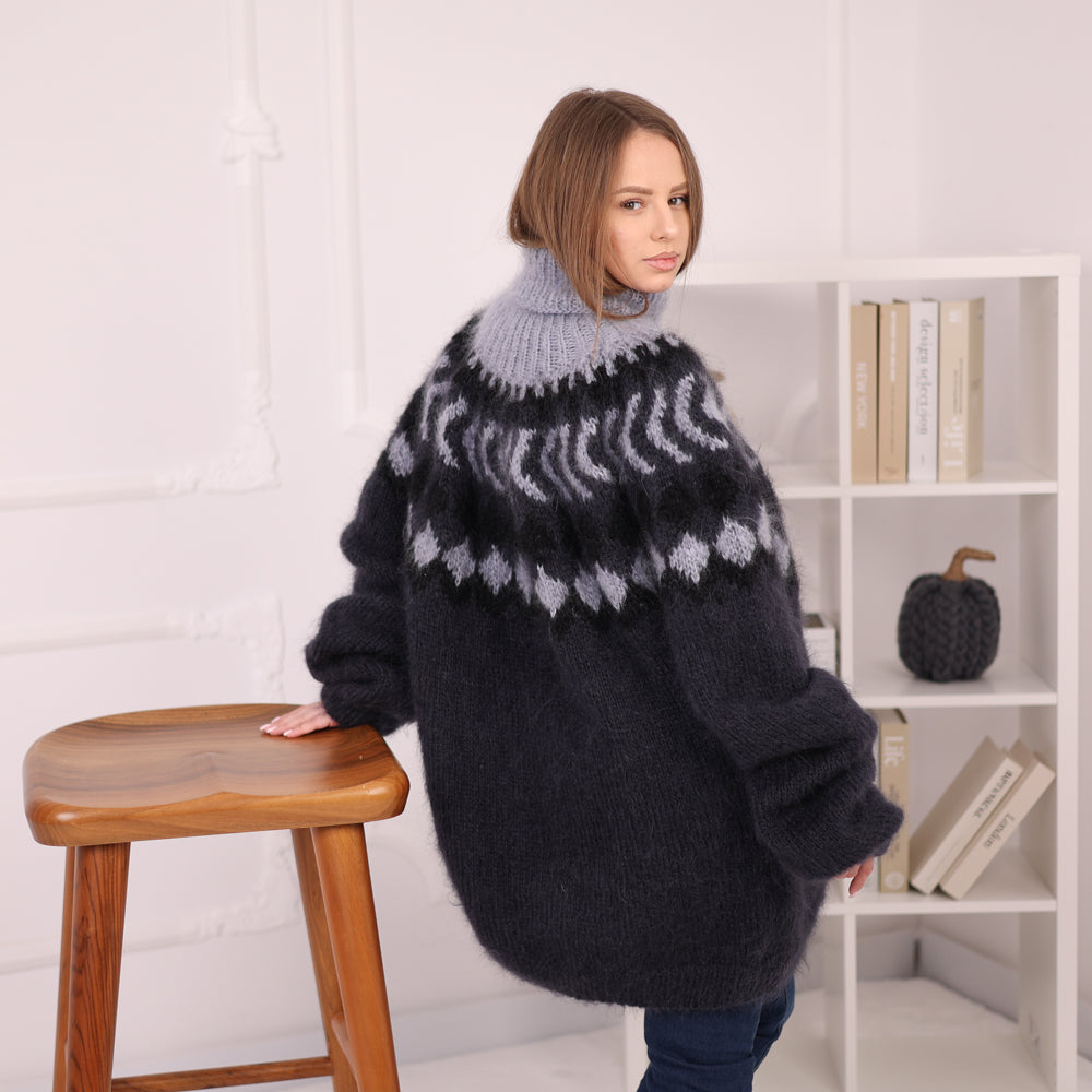 Icelandic Mohair Sweater, Nordic Fair Isle Knit, Oversized Black Gray Pullover T2184