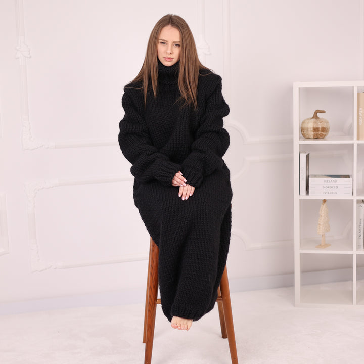 Long Wool Knit Dress, Oversized Turtleneck Sweater Dress, Black Maxi Knit T2187