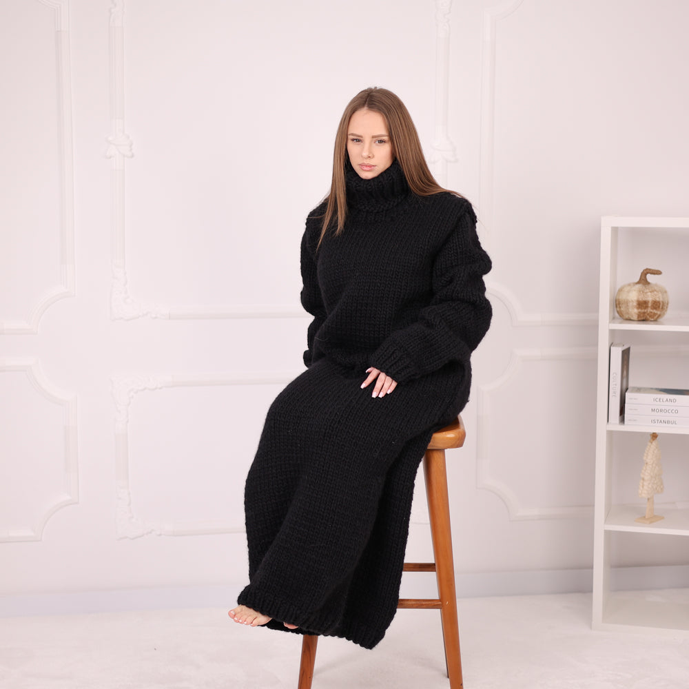 Long Wool Knit Dress, Oversized Turtleneck Sweater Dress, Black Maxi Knit T2187