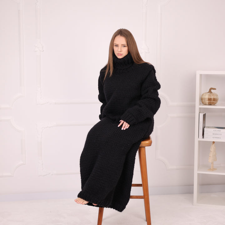 Long Wool Knit Dress, Oversized Turtleneck Sweater Dress, Black Maxi Knit T2187