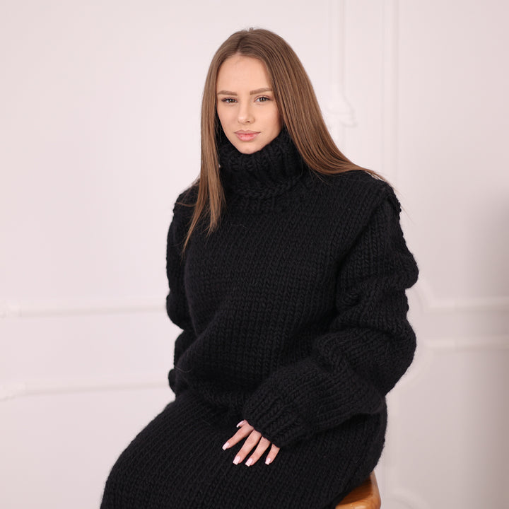 Long Wool Knit Dress, Oversized Turtleneck Sweater Dress, Black Maxi Knit T2187