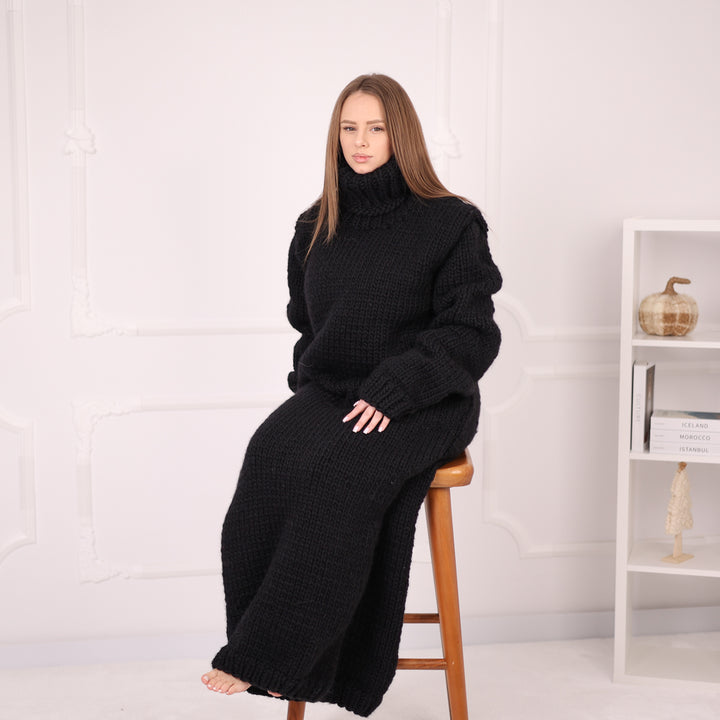 Long Wool Knit Dress, Oversized Turtleneck Sweater Dress, Black Maxi Knit T2187