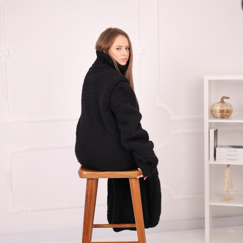 Long Wool Knit Dress, Oversized Turtleneck Sweater Dress, Black Maxi Knit T2187