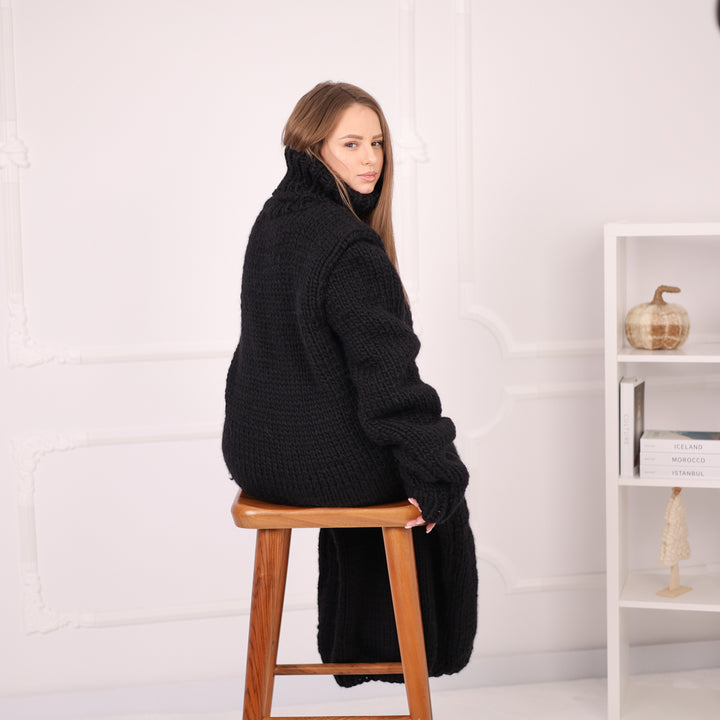 Long Wool Knit Dress, Oversized Turtleneck Sweater Dress, Black Maxi Knit T2187