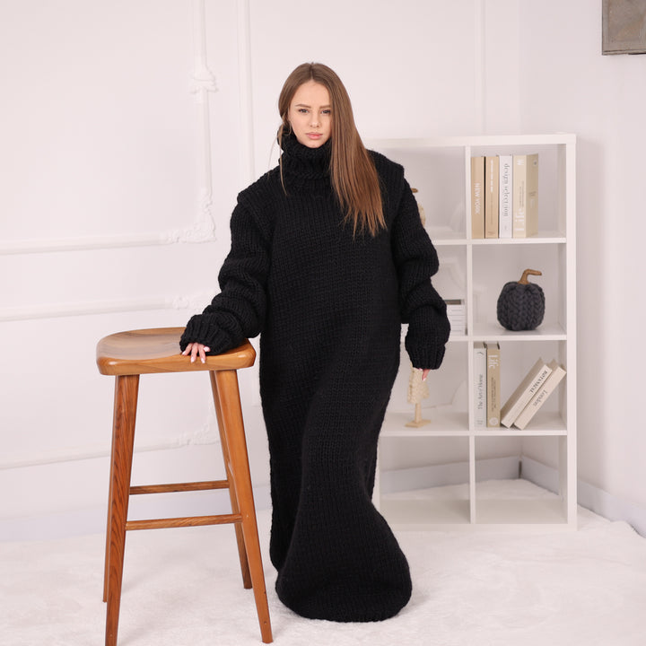 Long Wool Knit Dress, Oversized Turtleneck Sweater Dress, Black Maxi Knit T2187