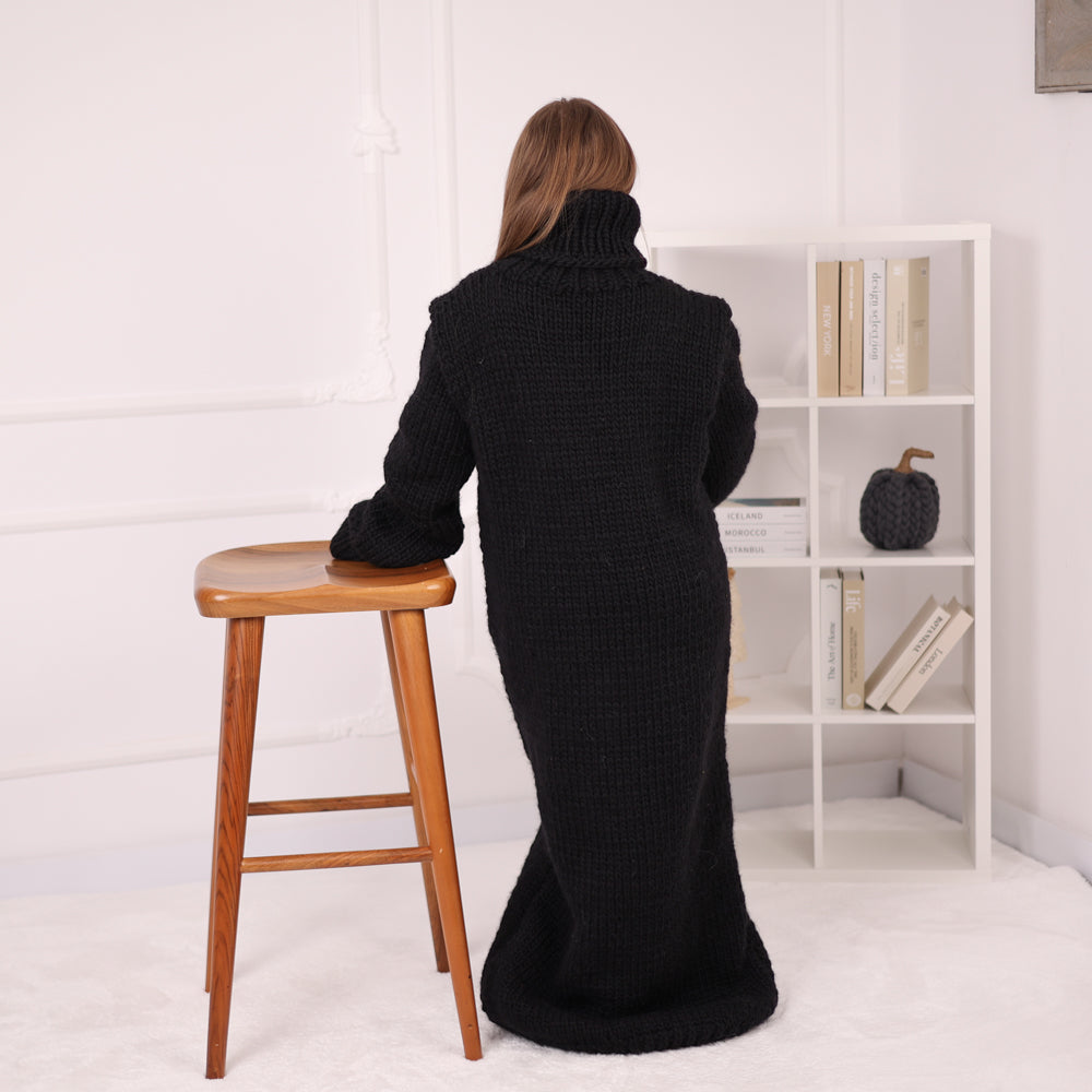 Long Wool Knit Dress, Oversized Turtleneck Sweater Dress, Black Maxi Knit T2187