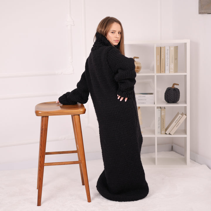 Long Wool Knit Dress, Oversized Turtleneck Sweater Dress, Black Maxi Knit T2187