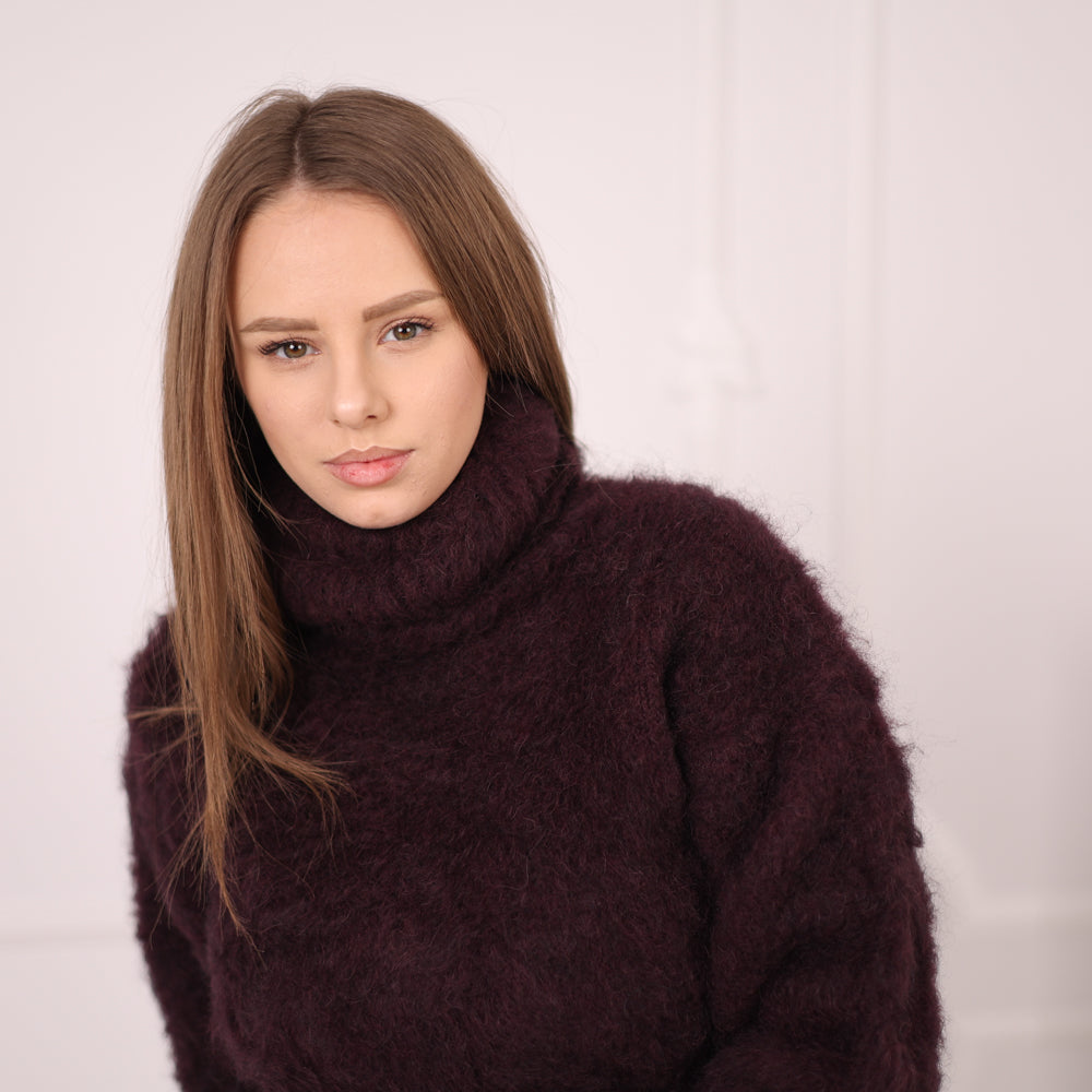 Soft Alpaca Sweater, Oversized Turtleneck Knit, Burgundy Long Pullover T2172