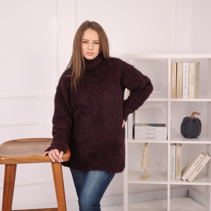 Soft Alpaca Sweater, Oversized Turtleneck Knit, Burgundy Long Pullover T2172