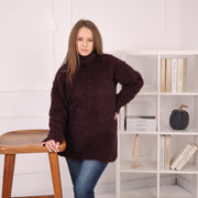 Weicher Alpaka-Pullover, Oversized Rollkragenstrick, Burgundfarbener Longpullover T2172