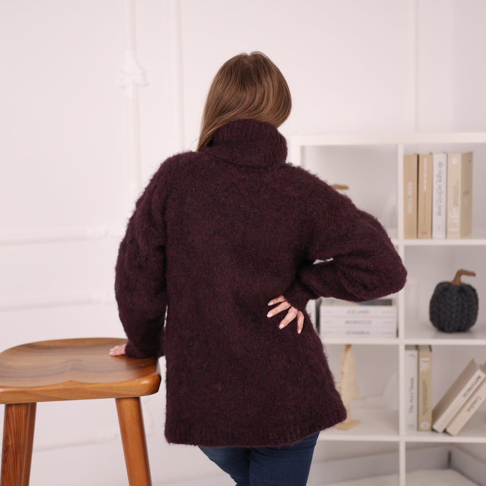 Soft Alpaca Sweater, Oversized Turtleneck Knit, Burgundy Long Pullover T2172
