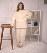 Alpaka Strickpullover und Hose Set, Cremefarbenes Flauschiges Loungewear Strick-Outfit T2190