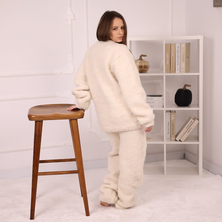 Alpaca Knit Sweater and Pants Set, Cream Fluffy Lounge Knitwear Outfit T2190