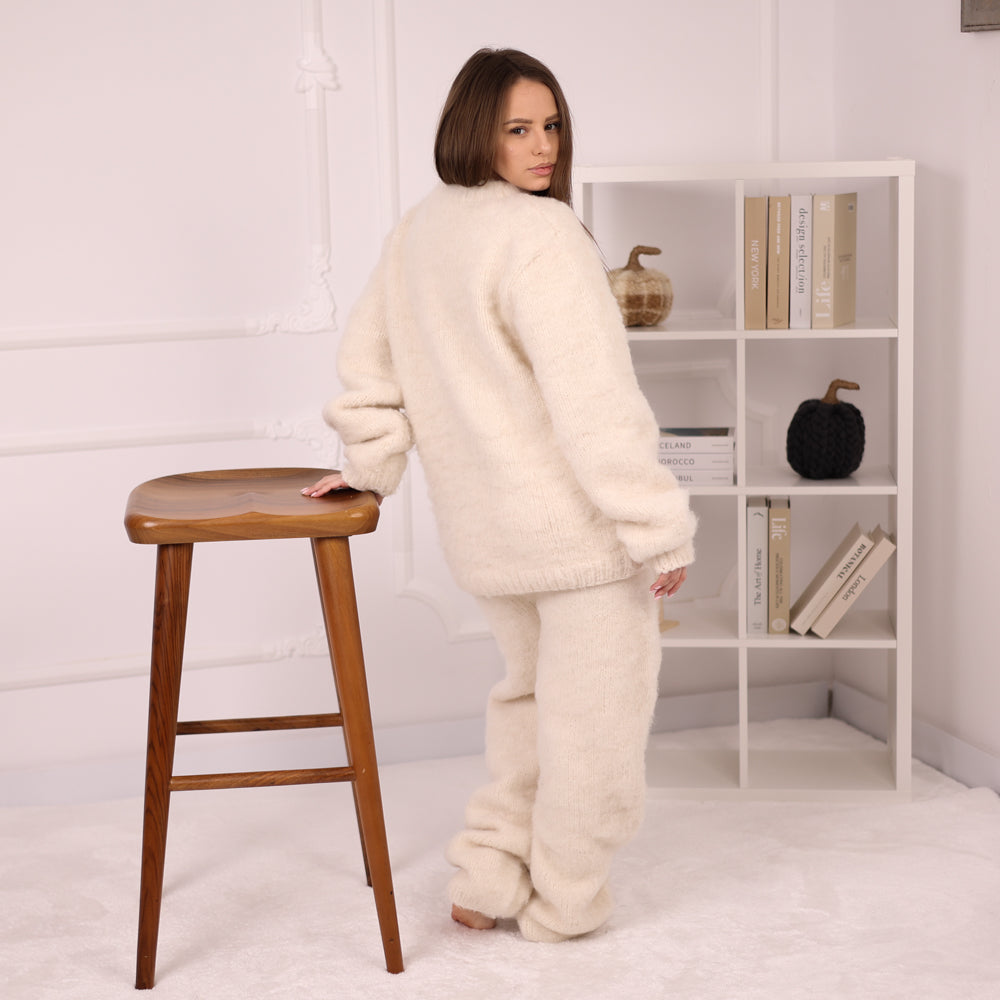 Brushed Alpaca Knit Pants, Cream Lounge Knitwear, Soft Winter Sweater Pants T2189