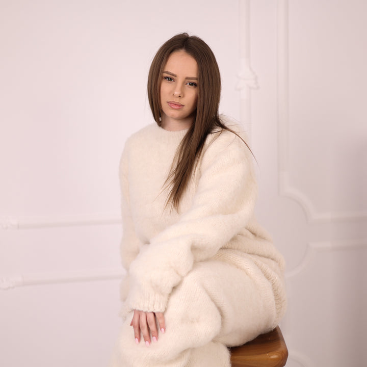 Soft Alpaca Sweater, Hairy Crewneck Knit, Cream Fluffy Winter Pullover T2188