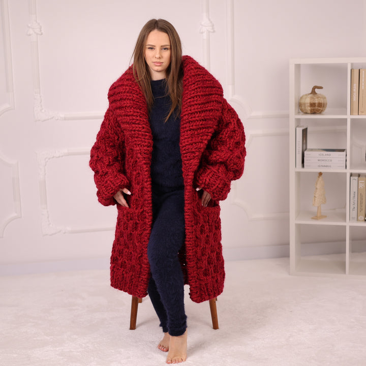 Extra Chunky Knit Cardigan Coat, Honeycomb Wool Mohair Sweater, Red Oversized Jacket T2191