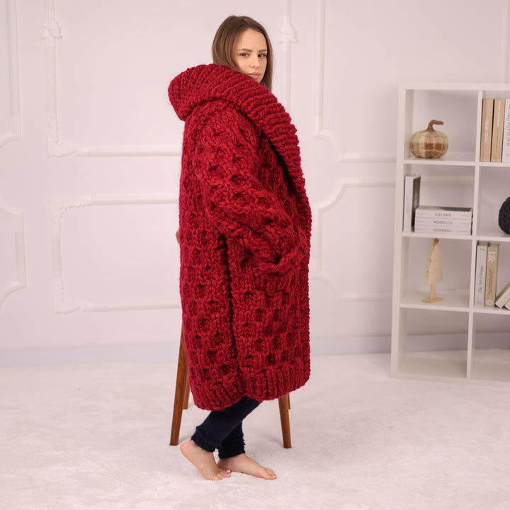 Extra Chunky Knit Cardigan Coat, Honeycomb Wool Mohair Sweater, Red Oversized Jacket T2191