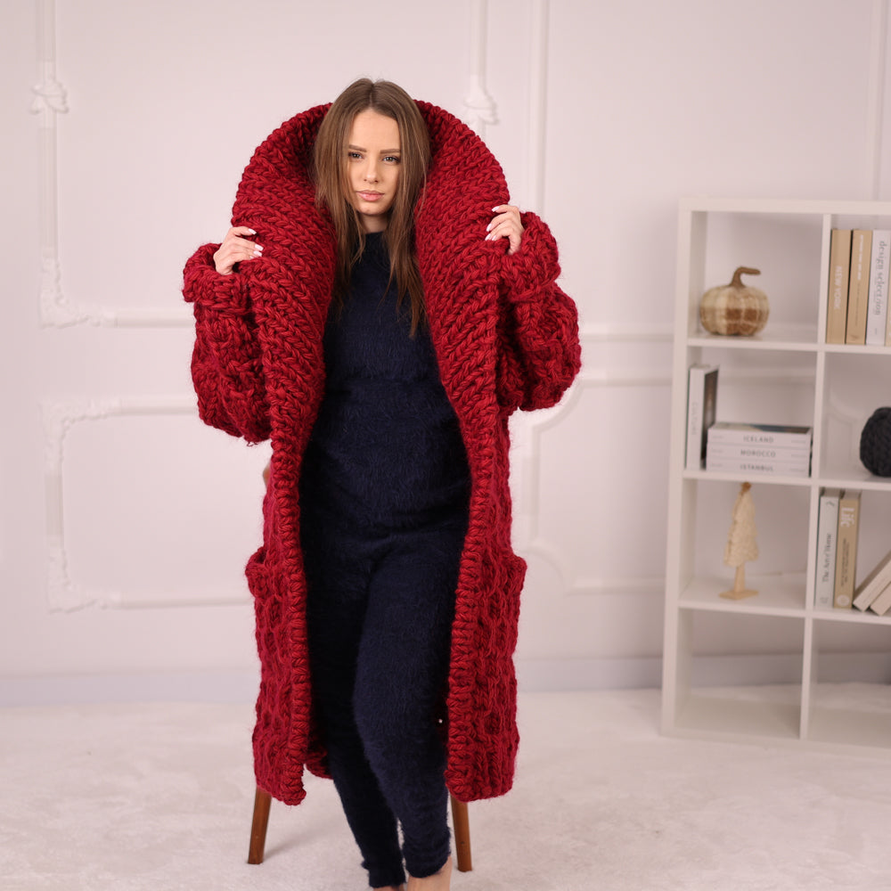 Extra Chunky Knit Cardigan Coat, Honeycomb Wool Mohair Sweater, Red Oversized Jacket T2191