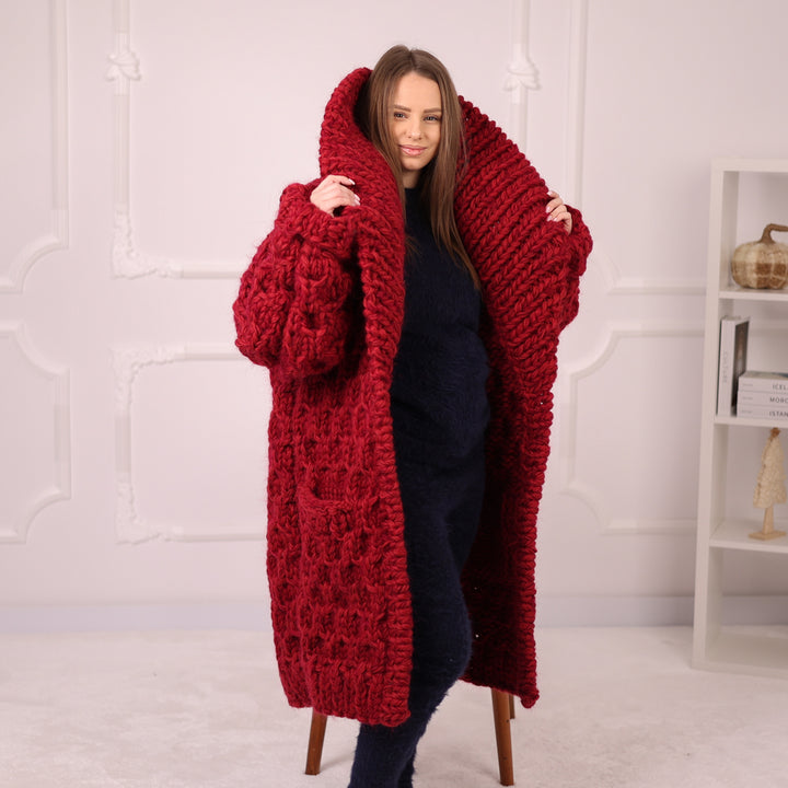 Extra Chunky Knit Cardigan Coat, Honeycomb Wool Mohair Sweater, Red Oversized Jacket T2191