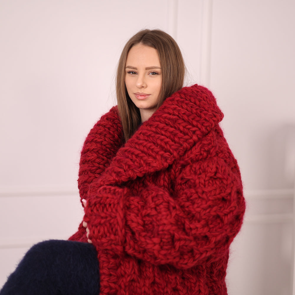 Extra Chunky Knit Cardigan Coat, Honeycomb Wool Mohair Sweater, Red Oversized Jacket T2191