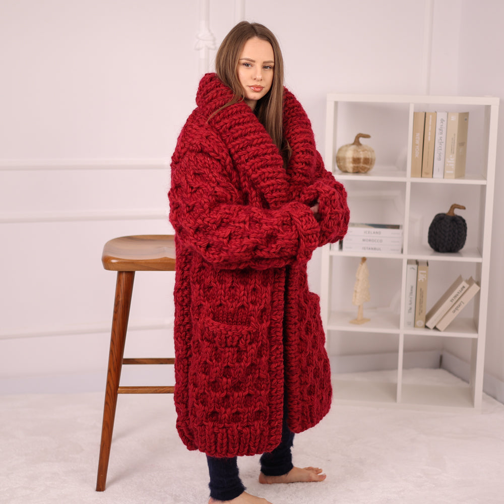 Extra Chunky Knit Cardigan Coat, Honeycomb Wool Mohair Sweater, Red Oversized Jacket T2191