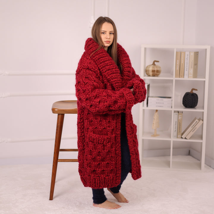 Extra Chunky Knit Cardigan Coat, Honeycomb Wool Mohair Sweater, Red Oversized Jacket T2191