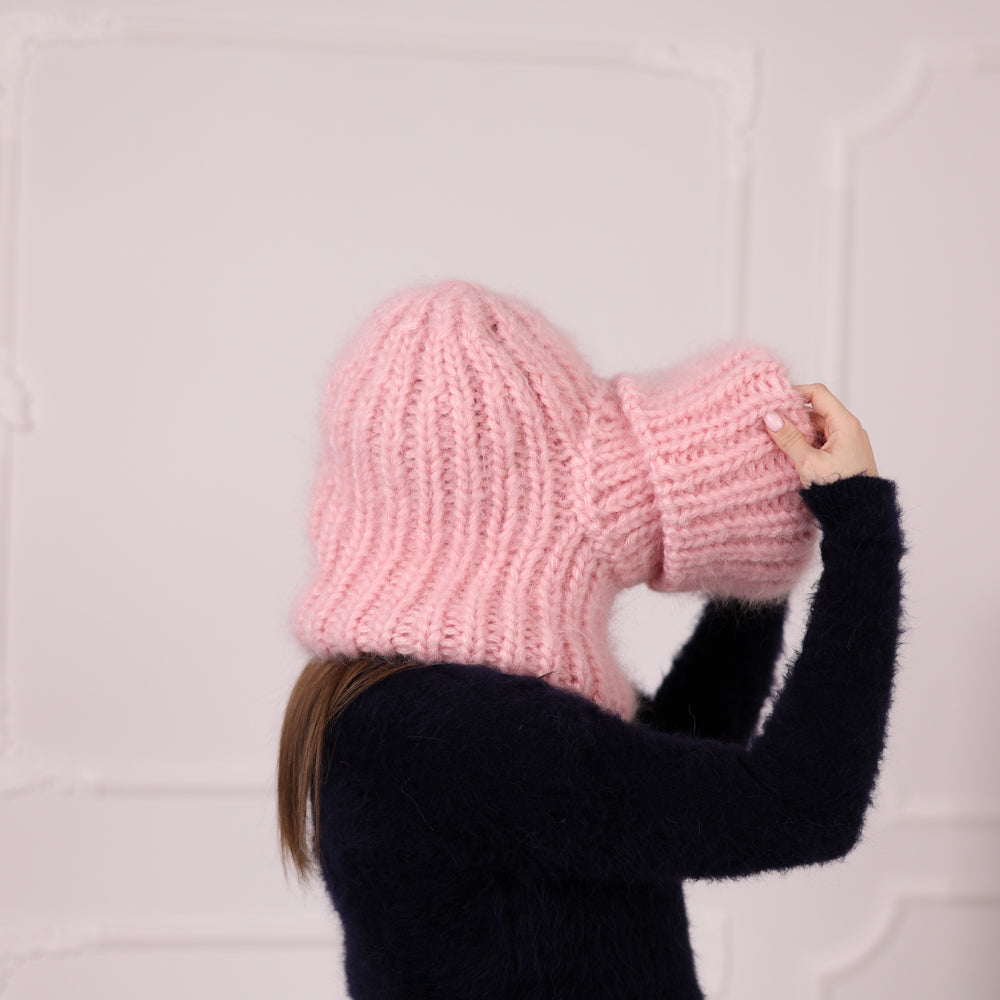 Chunky Mohair Balaclava, Pink Rib Knit Ski Mask, Winter Hood T2176