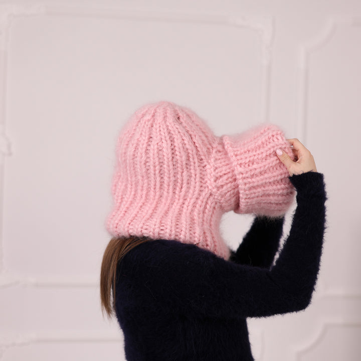 Chunky Mohair Balaclava, Pink Rib Knit Ski Mask, Winter Hood T2176