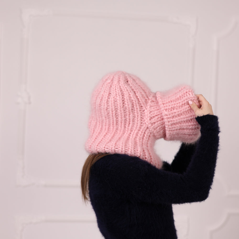 Chunky Mohair Balaclava, Pink Rib Knit Ski Mask, Winter Hood T2176