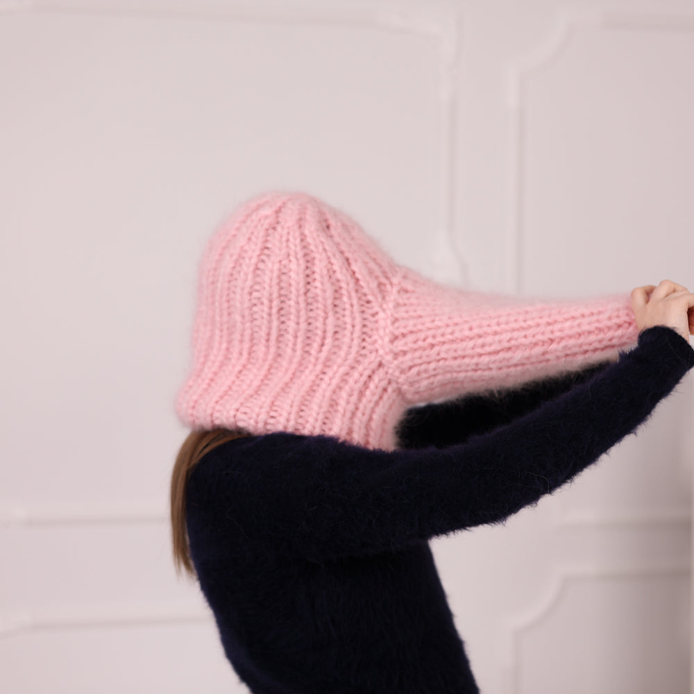 Chunky Mohair Balaclava, Pink Rib Knit Ski Mask, Winter Hood T2176