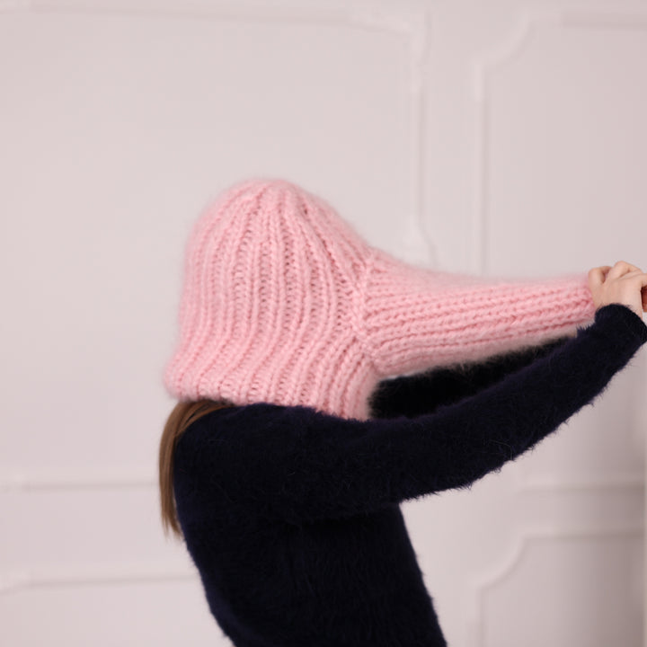Chunky Mohair Balaclava, Pink Rib Knit Ski Mask, Winter Hood T2176