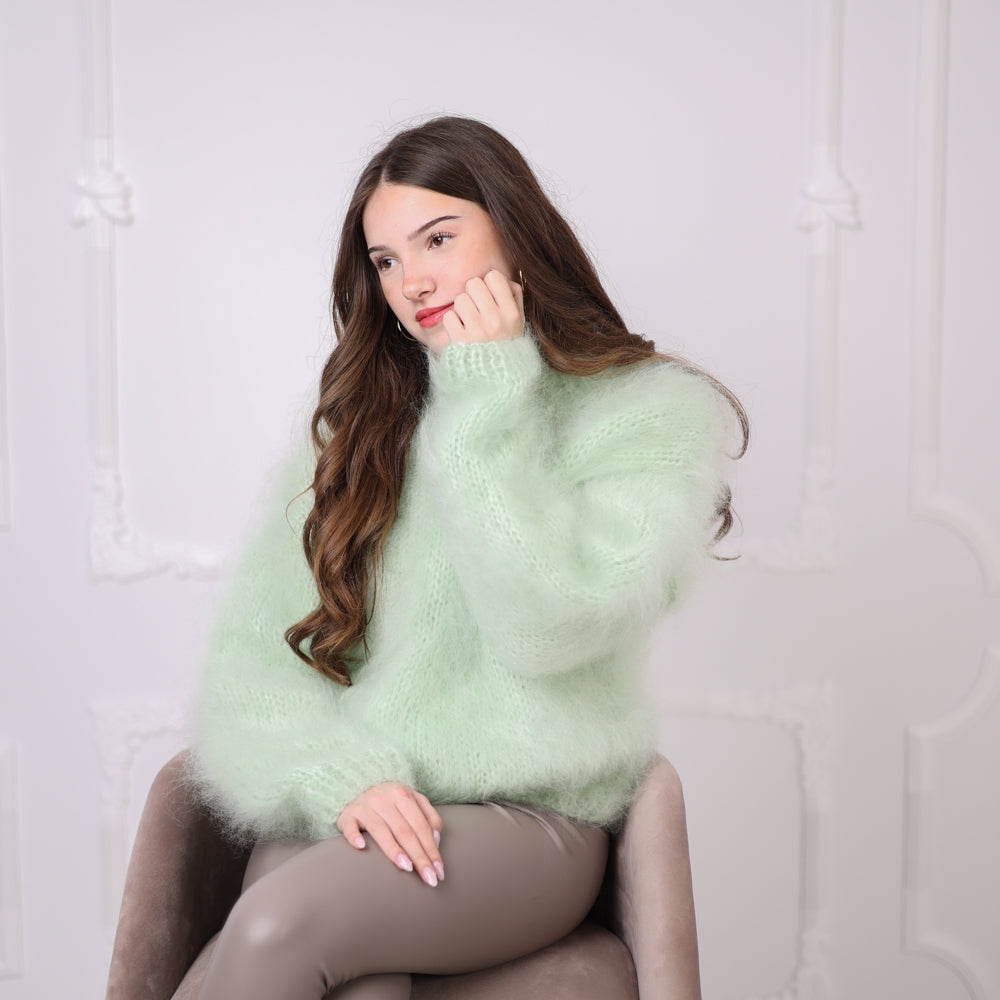 Kid Mohair Sweater, Mint Green Fluffy Knit Pullover, Soft Lightweight Crewneck Sweater T2200