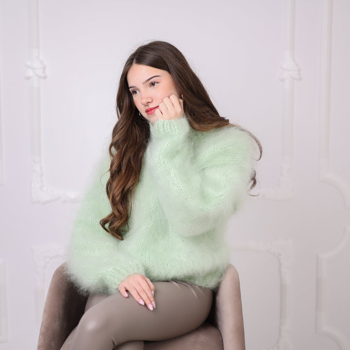 Kid Mohair Sweater, Mint Green Fluffy Knit Pullover, Soft Lightweight Crewneck Sweater T2200
