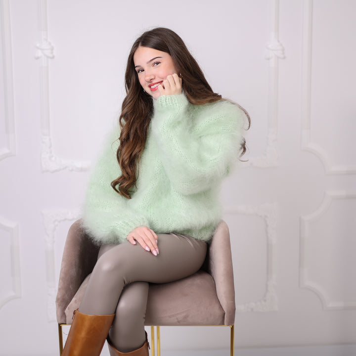 Kid Mohair Sweater, Mint Green Fluffy Knit Pullover, Soft Lightweight Crewneck Sweater T2200