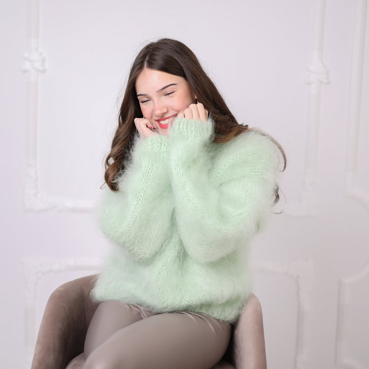 Kid Mohair Sweater, Mint Green Fluffy Knit Pullover, Soft Lightweight Crewneck Sweater T2200