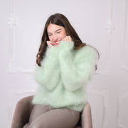 Kid Mohair Pullover, Mintgrüner Fluffy Strickpullover, Weicher Leichter Rundhalspullover T2200