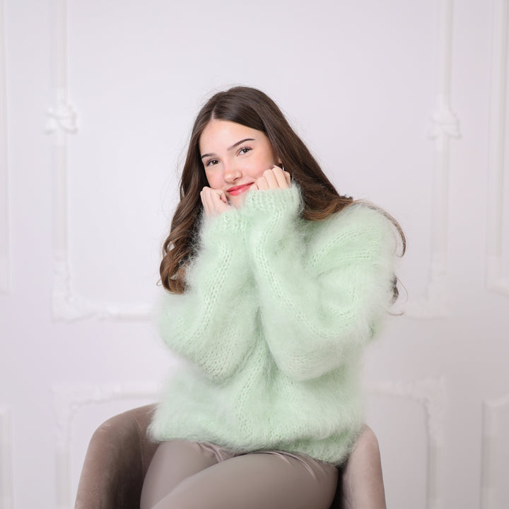 Kid Mohair Sweater, Mint Green Fluffy Knit Pullover, Soft Lightweight Crewneck Sweater T2200