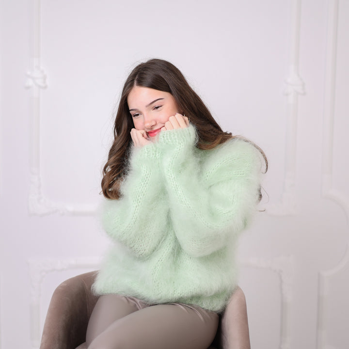 Kid Mohair Sweater, Mint Green Fluffy Knit Pullover, Soft Lightweight Crewneck Sweater T2200