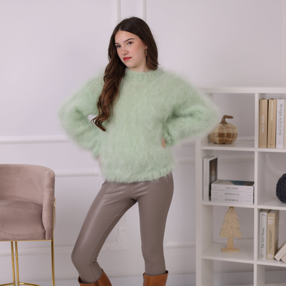 Kid Mohair Sweater, Mint Green Fluffy Knit Pullover, Soft Lightweight Crewneck Sweater T2200