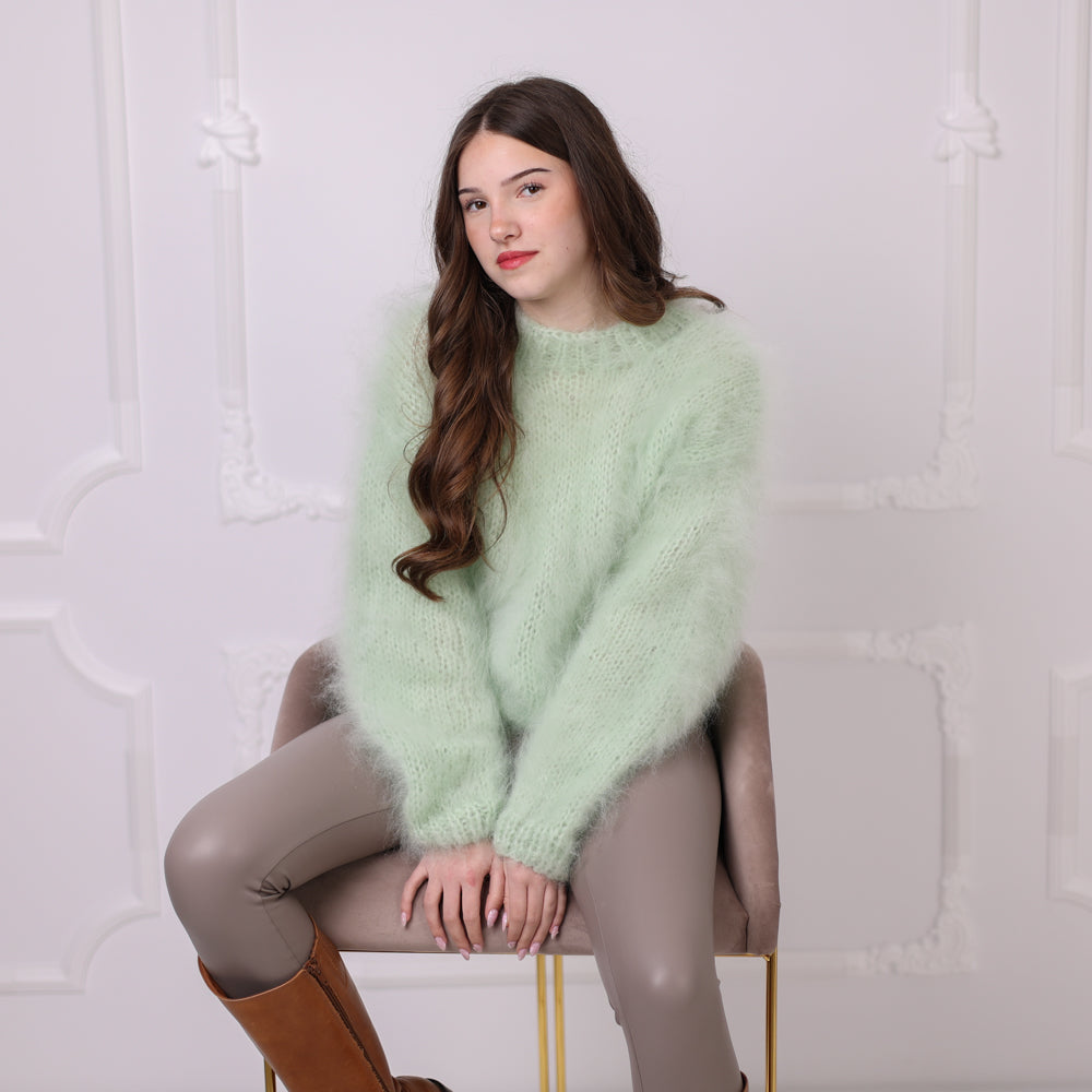 Kid Mohair Sweater, Mint Green Fluffy Knit Pullover, Soft Lightweight Crewneck Sweater T2200
