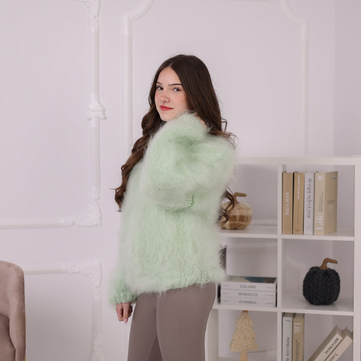 Kid Mohair Sweater, Mint Green Fluffy Knit Pullover, Soft Lightweight Crewneck Sweater T2200
