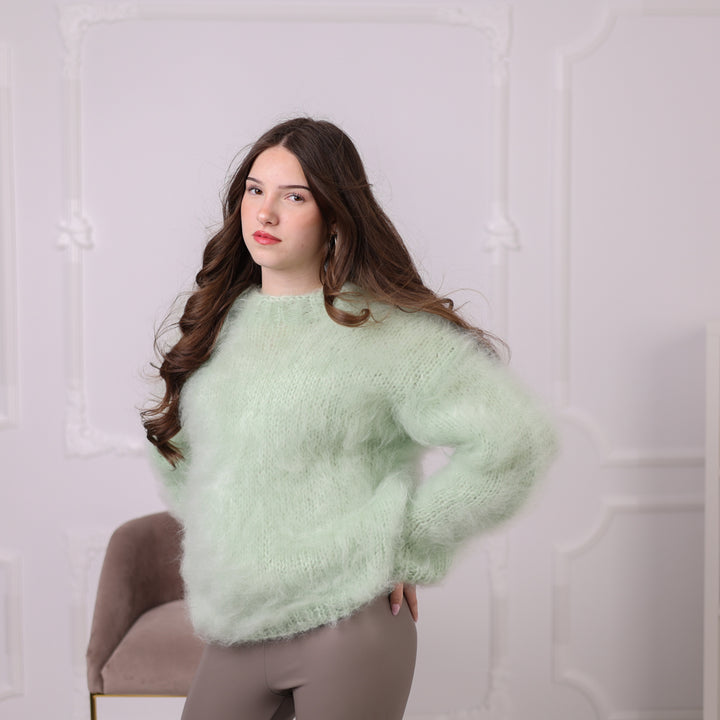 Kid Mohair Sweater, Mint Green Fluffy Knit Pullover, Soft Lightweight Crewneck Sweater T2200