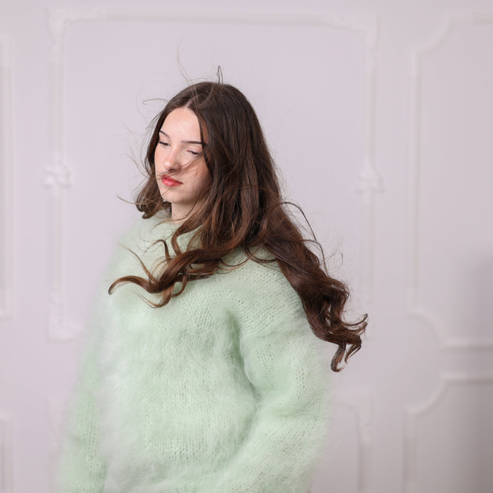 Kid Mohair Sweater, Mint Green Fluffy Knit Pullover, Soft Lightweight Crewneck Sweater T2200