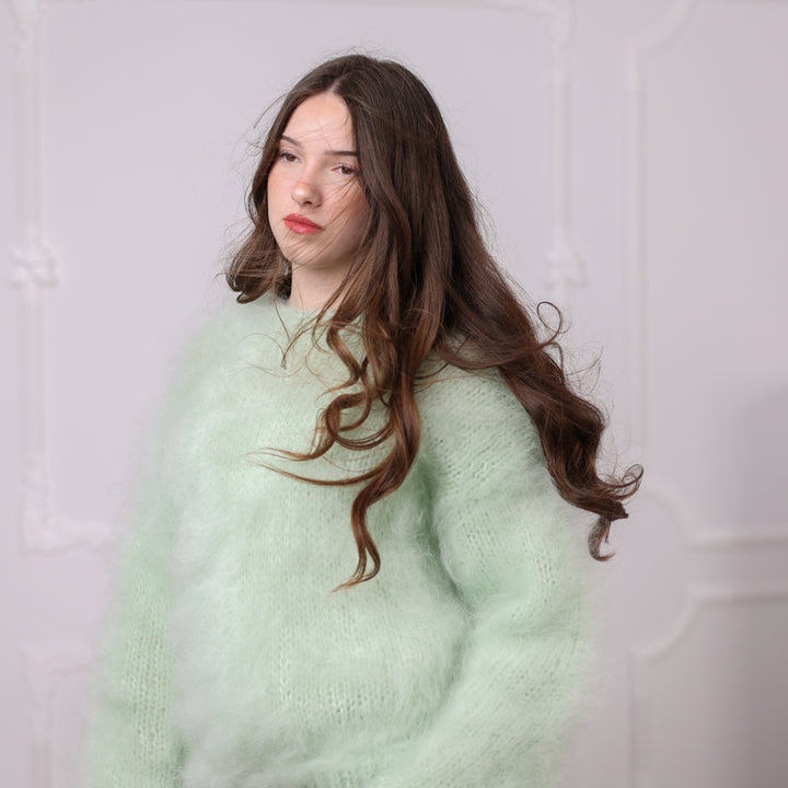 Kid Mohair Sweater, Mint Green Fluffy Knit Pullover, Soft Lightweight Crewneck Sweater T2200