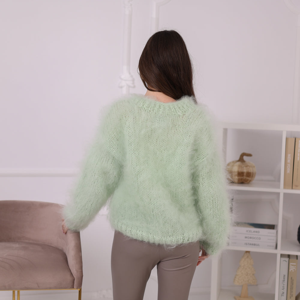 Kid Mohair Sweater, Mint Green Fluffy Knit Pullover, Soft Lightweight Crewneck Sweater T2200