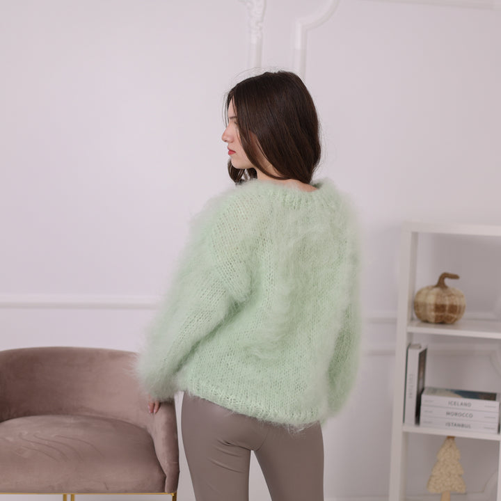Kid Mohair Sweater, Mint Green Fluffy Knit Pullover, Soft Lightweight Crewneck Sweater T2200