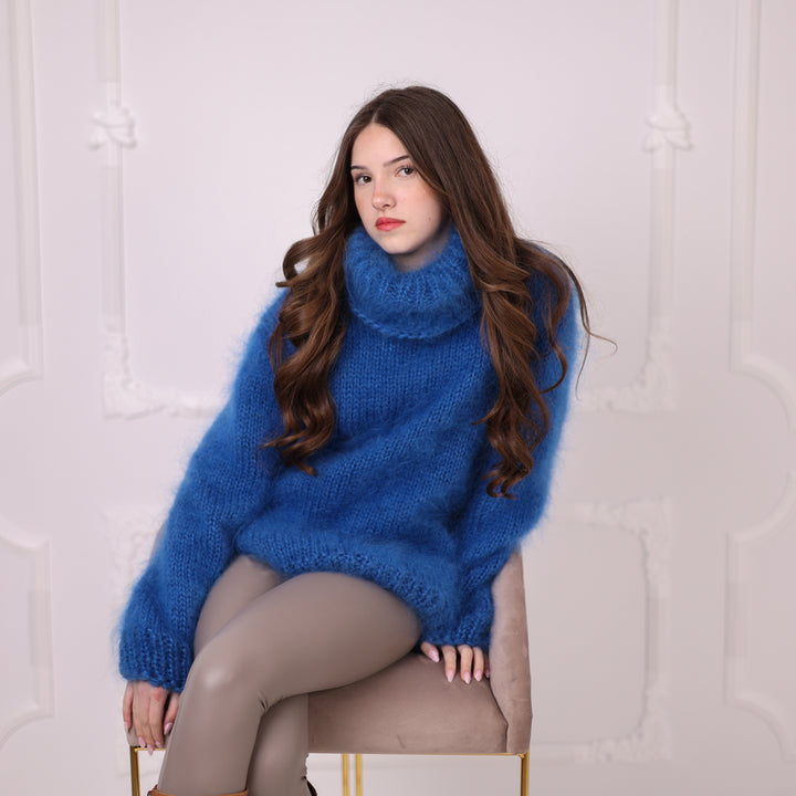 Hand Knitted Mohair Sweater, Blue Fluffy Turtleneck Knit Pullover, Soft Lightweight Sweater T2201