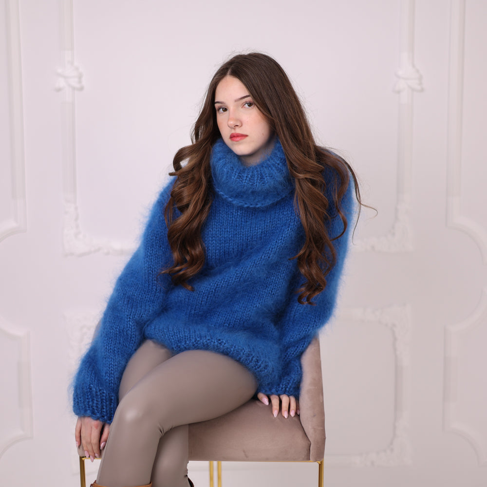 Hand Knitted Mohair Sweater, Blue Fluffy Turtleneck Knit Pullover, Soft Lightweight Sweater T2201